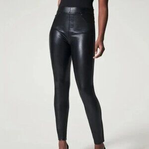 SPANX Women's 1X Faux Leather Leggings Pants Stretch Pull On Shiny Black Sleek